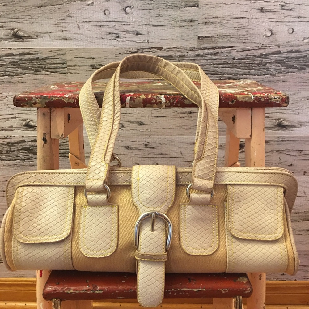 le chateau Cream Textured Leather Satchel with Buckle